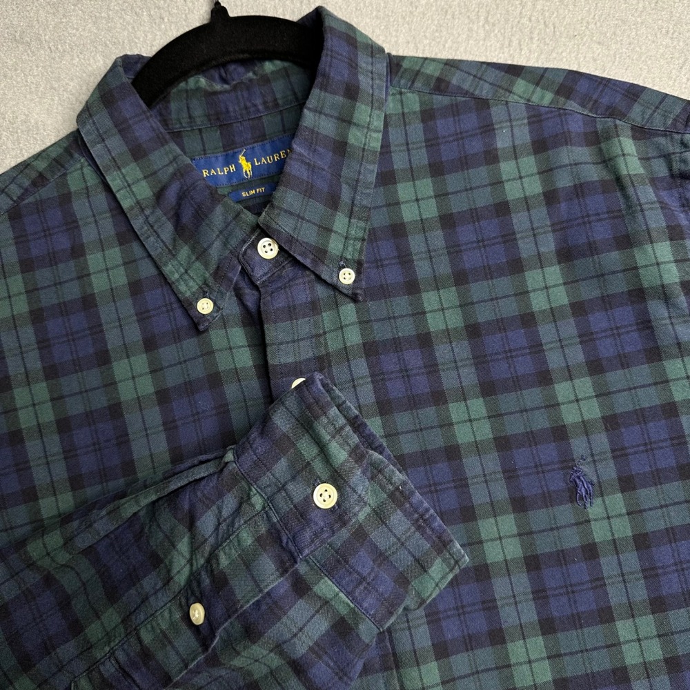 Ralph Lauren Men's Slim Fit Plaid Button Down Shirt‎ XXL Navy Green Casual